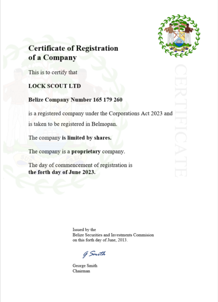 Belize certificate of registration Word and PDF template